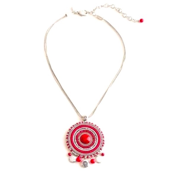 Chicos Cherry Red/Silver Toned Rebecca  Pendant Necklace Exclusively For Chicos - Picture 2 of 12